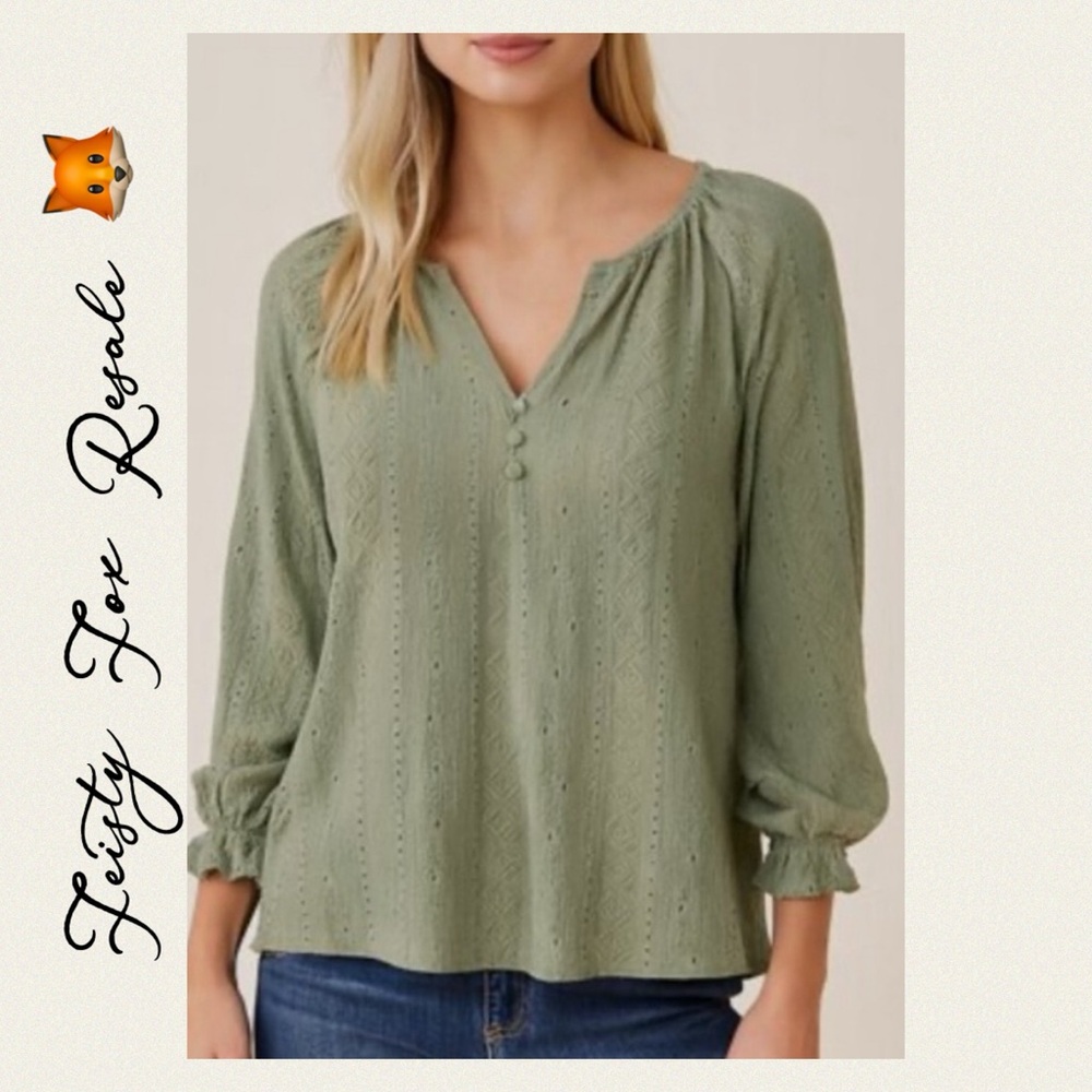 Frye Sage Green Textured Peasant Blouse • Size S • EUC